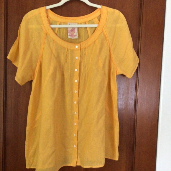 Avenue Women's Yellow Linen Cotton Blend Peasant Blouse Size 14/16 - Picture 1 of 5